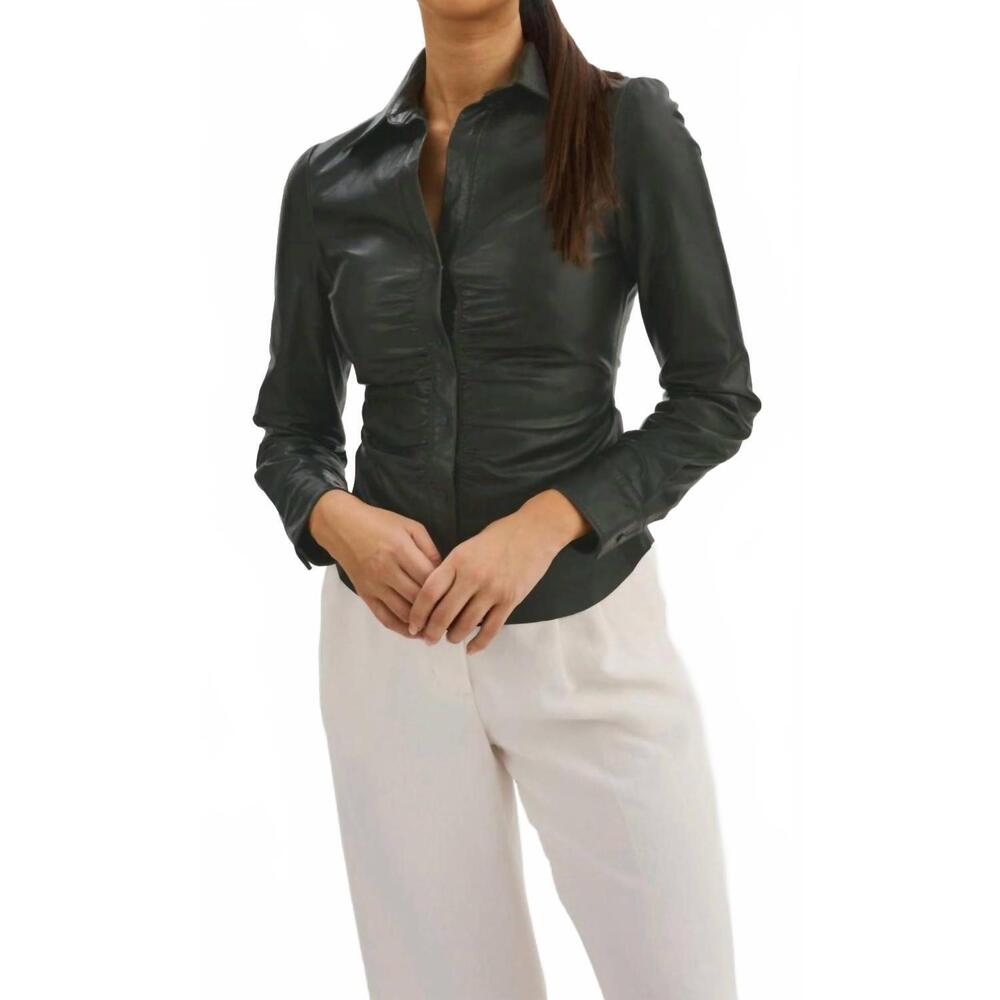 NEW LAMARQUE huda ruched leather shirt in green